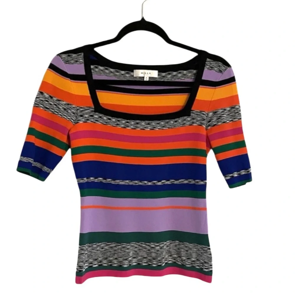 MILLY Rainbow Stripe Square Neck Knit Top ASO Ali Fisher Preppy Academia Sporty - Picture 16 of 17